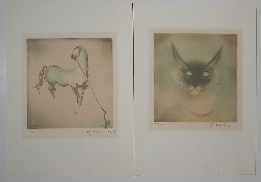 Kaiko Moti 2 lithographs: Kaiko Moti (Indian 1921-1981)- Horse & Siamese Cat- 2 lithographs in colors, bogth signed and numbered in pencil, light struck otherwise good condition. 8 3/4 x 8 1/4'' ea.