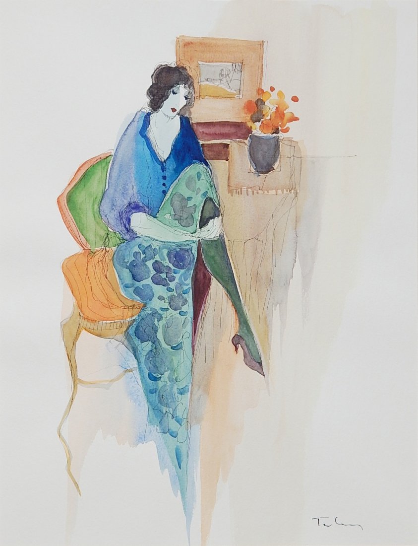 Itzchak Tarkay watercolor: Itzchak Tarkay (Israeli 1935-2012)- ''Daydreaming''- watercolor on paper, signed 'Tarkay' lower right, good condition. 16 1/2 x 10 1/4''