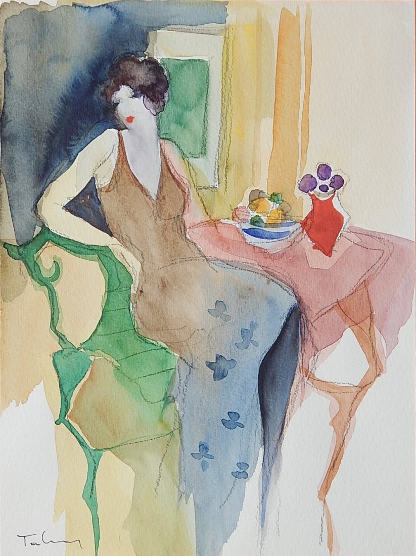 Itzchak Tarkay watercolor: Itzchak Tarkay (Israeli 1935-2012)- ''One Sunny Day''- watercolor on paper, signed 'Tarkay' lower left, good condition. 11 1/2 x 8 1/2''