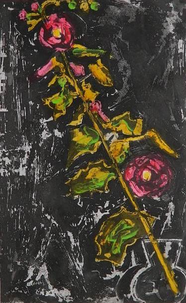 John Walker etching: John Walker (American 20th c.)- ''Diagonal Hollyhocks''- etching with hand-coloring, 2001, signed, dated and numbered 69/200 in pencil, The Print Club of New York presentation print for 2003, very goo