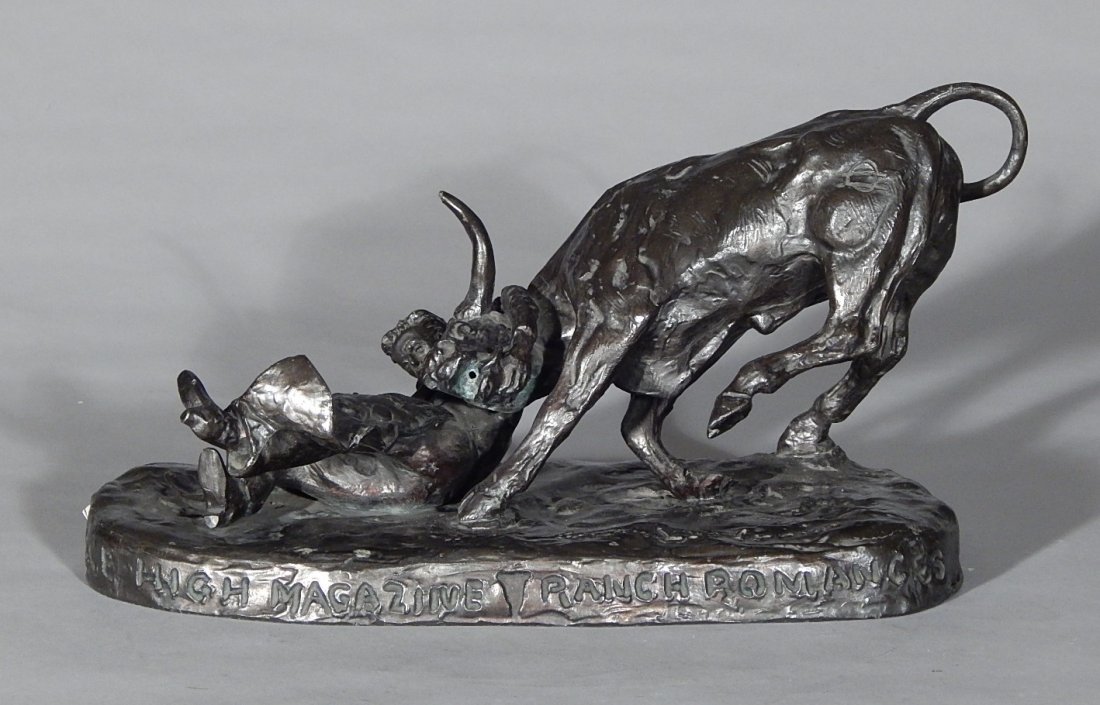 Charles L. Wrenn white metal sculpture: Charles L. Wrenn (American 1880-1952)- Advertisement For Ace High Magazine- white metal sculpture with bronze patina, ca. 1940, signed and annotated ''Cowboy Stories / Ranchland Stories / Ace High Mag