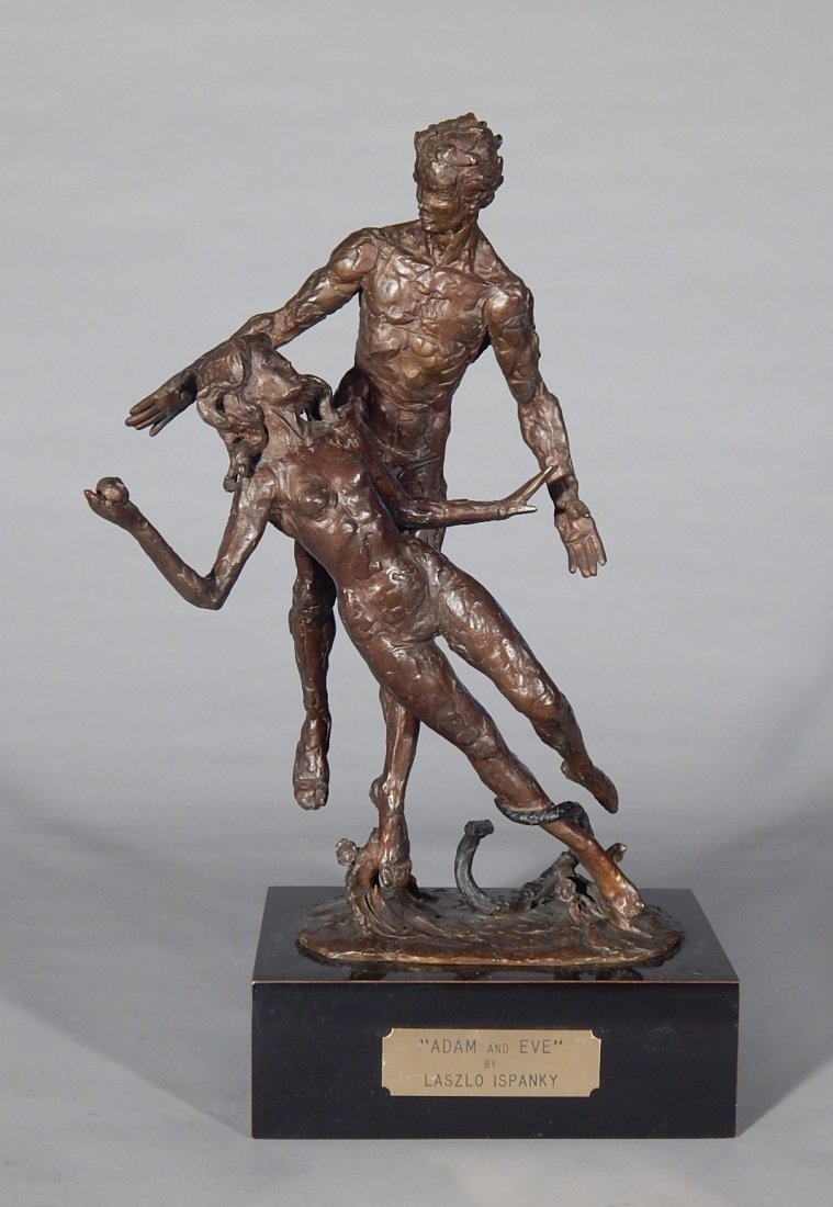 Laszlo Ispanky bronze sculpture: Laszlo Ispanky (American 1920-2010)- ''Adam and Eve''- bronze sculpture, 1978, signed, dated and numbered Ispansky / (c) / 78 / 231150, stamped JM (Joel Meisner Foundry). 17''h, 20'' with base