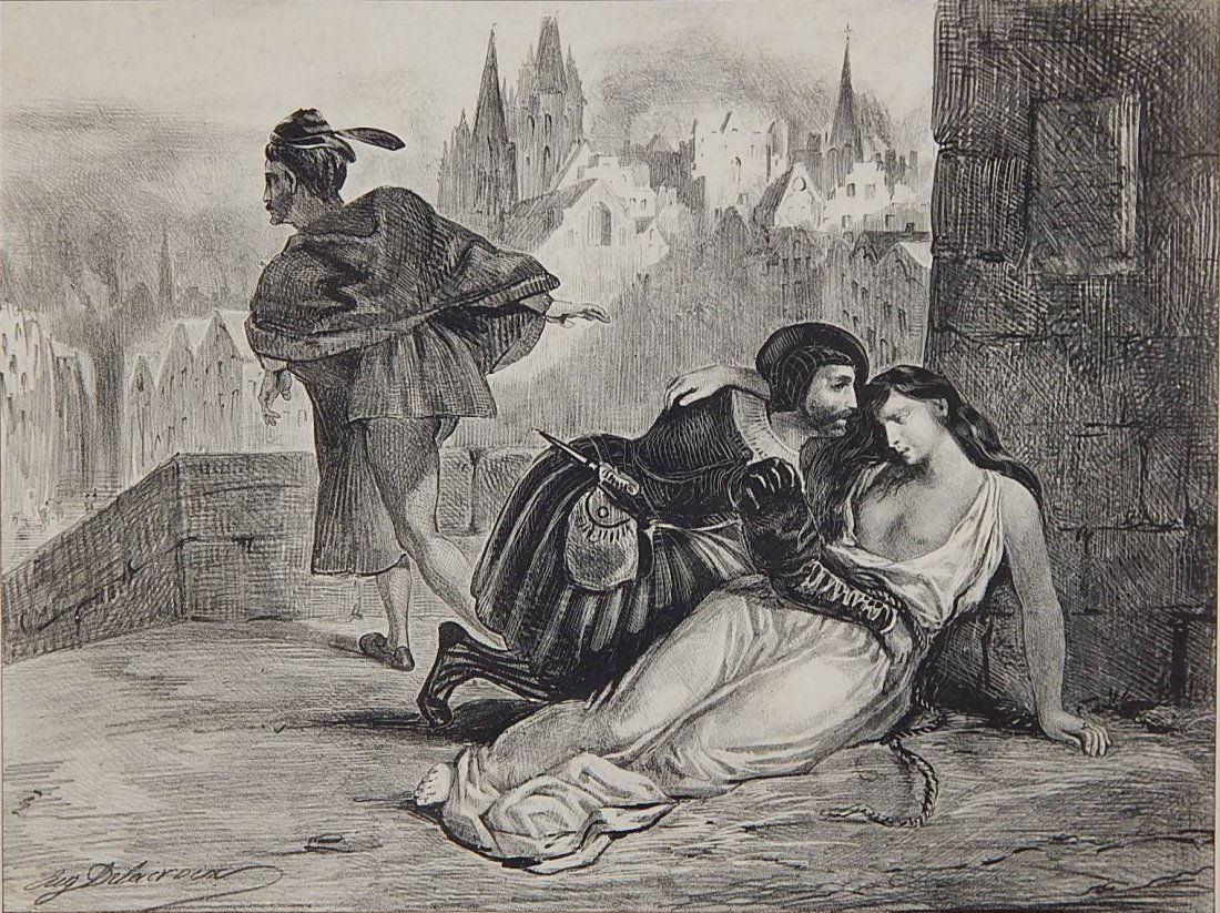 Eugene Delacroix lithograph: Eugene Delacroix (French 1798-1863)- ''Jane Shore (Act V, Scene II)'' (Delteil 76)- lithograph, 1828, signed on the stone, printed by Charles Motte, blind stamped lower left, Ex Coll: Felix Bracquemon