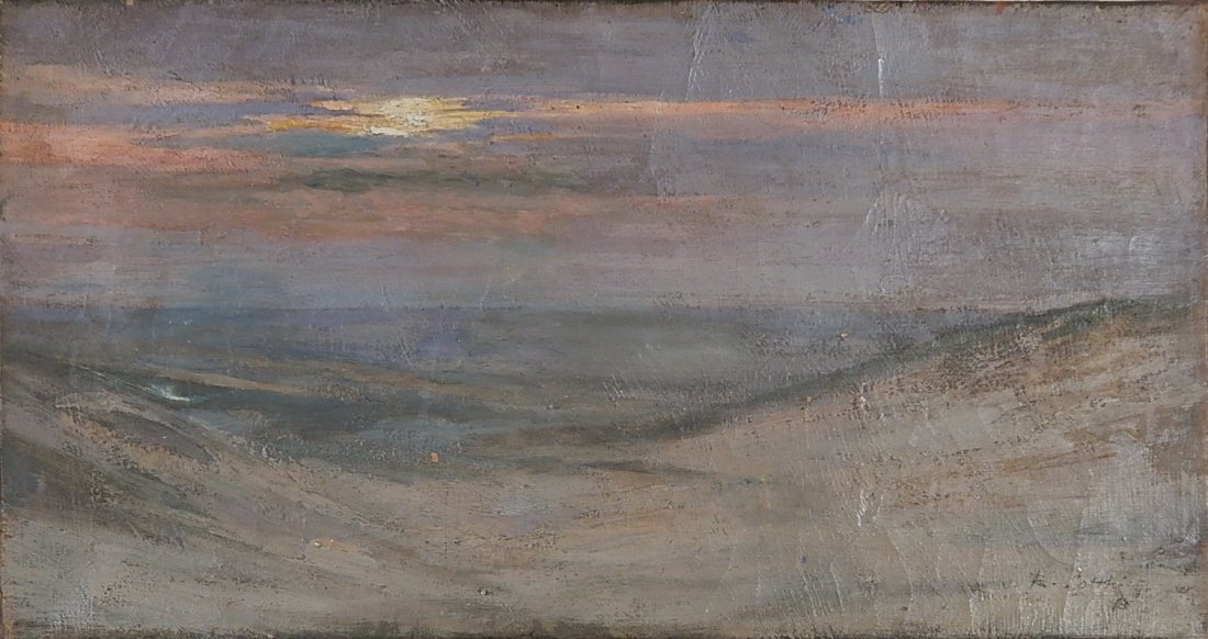 19/20th c. American School oil: 19/20th c. American School- Sand Dunes at Dusk- oil on canvas, signed (illegibly) lower right, 1 repaired tear. 8 1/2 x 15 3/4''