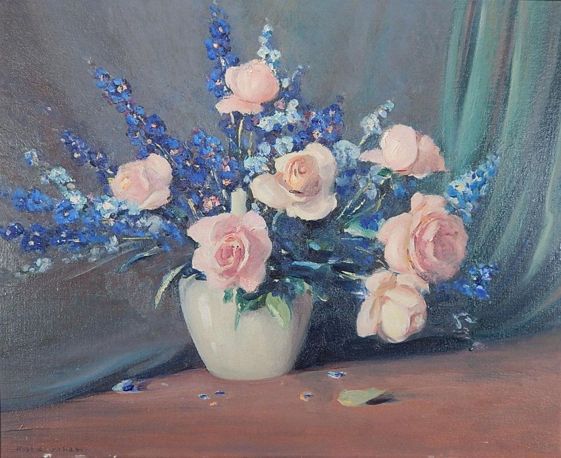 Robert A. Graham oil: Robert A. Graham (American 1873-1996)- Roses in White Vase- oil on canvasboard, signed Robt A Graham lower left. 18 x 22''