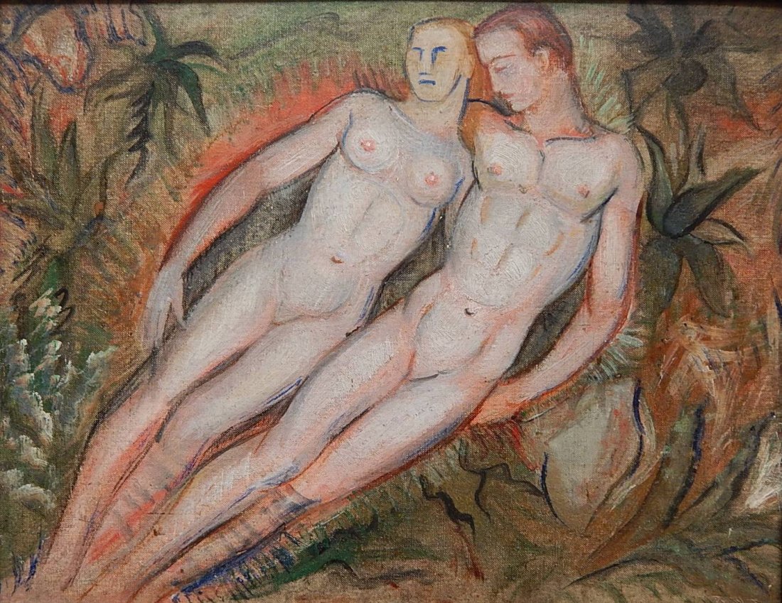 Elizabeth Wheeler Taylor oil: Elizabeth Wheeler Taylor (American 1905-?)- Adam and Eve- oil on canvasboard. 14 x 18''