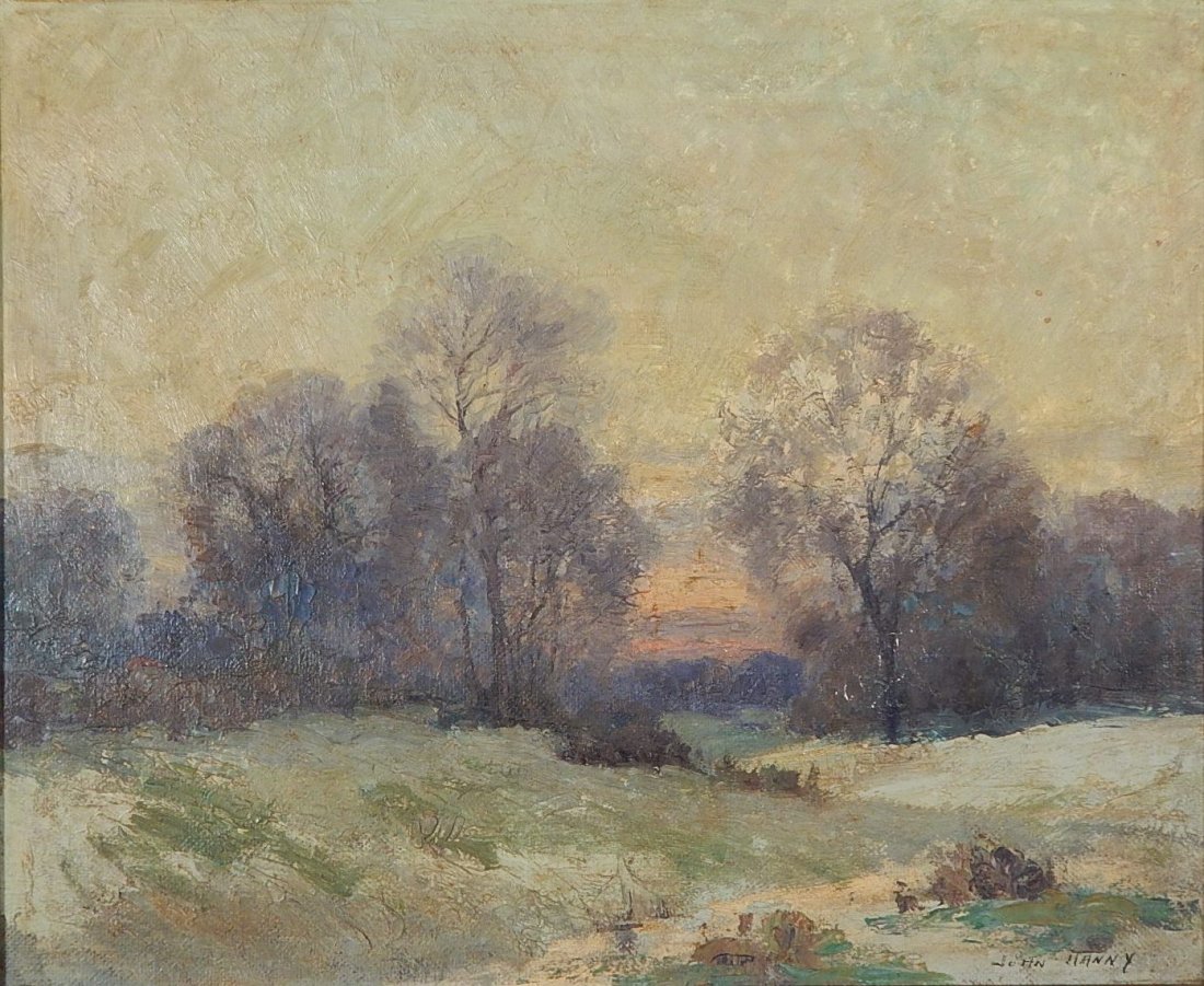 John Hanny oil: John Hanny (American 1890-1984)- Landscape at Dusk- oil on panel, signed John Hanny lower right. 18 x 22''