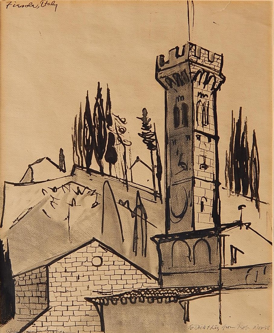 Rober MacDonald Graham pen and ink: Robert Mac Donald Graham jr. (American 1919-2003)- ''Firsola, Italy''- pen and ink on paper, 1956, annotated 'to Dick and Liz from Bob Nov. 56' in pen, titled in pen, very good condition. 12 x 10''