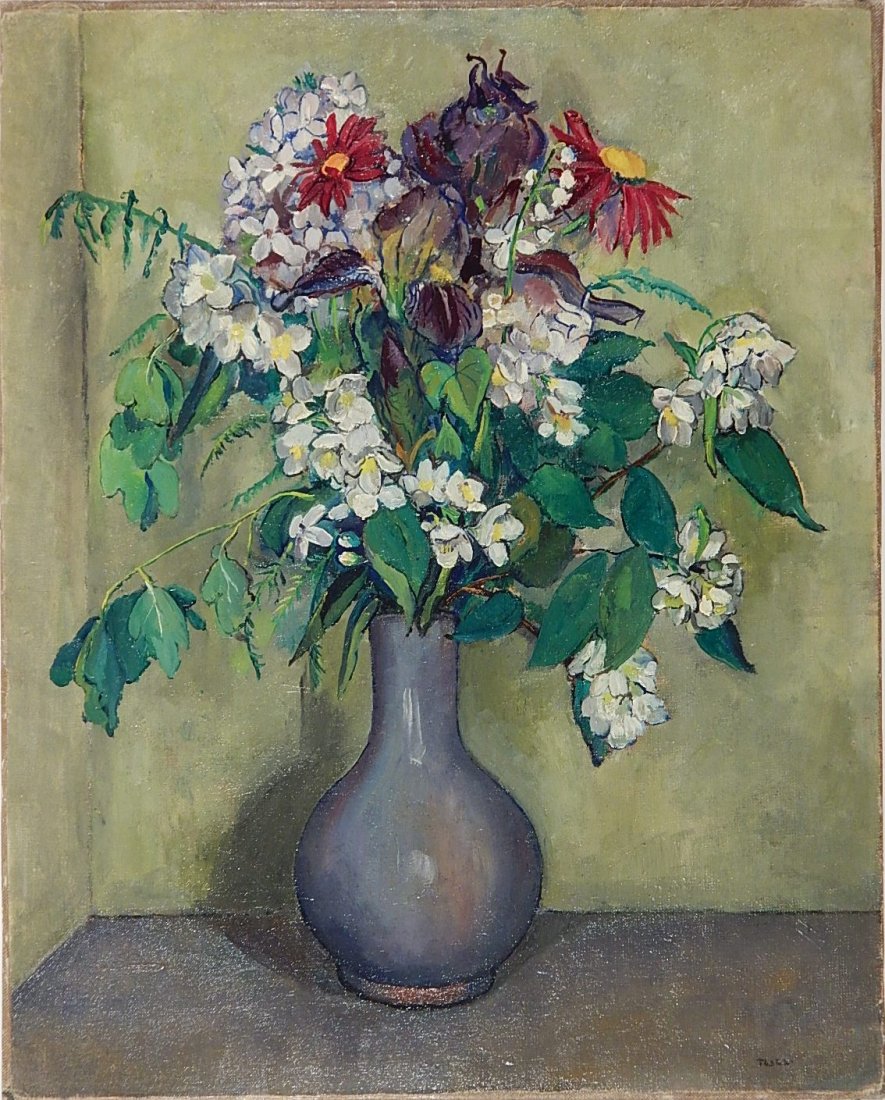 Tosca Olinsky oil: Tosca Olinsky (Italian/American 1909-1984)- ''Flowers In A Blue Vase''- oil on canvas (relined), signed Tosca lower right. 20 x 16''