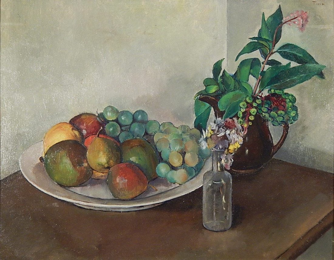 Tosca Olinsky oil: Tosca Olinsky (Italian/American 1909-1984)- ''Fruit, Bottles and Pitcher''- oil on masonite, signed Tosca upper right, also signed verso. 14 x 18''