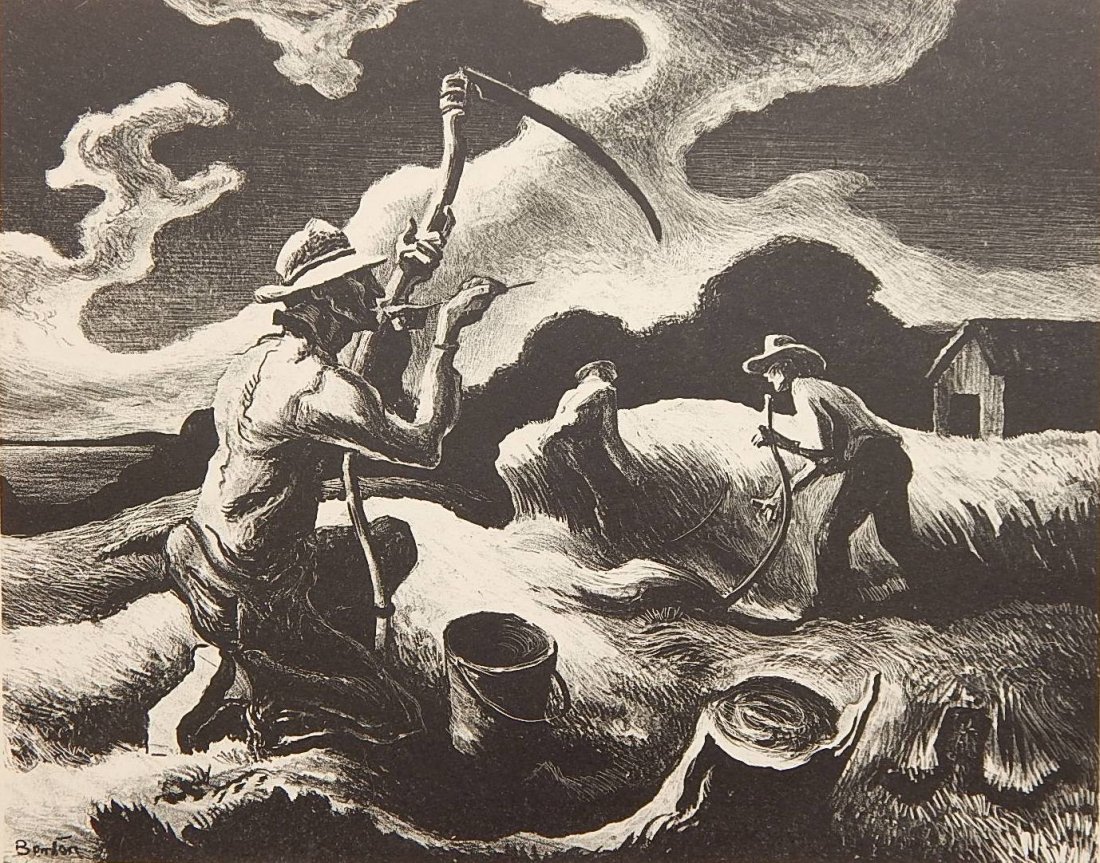 Thomas Hart Benton lithograph: Thomas Hart Benton (American 1889-1975)- ''Island Hay'' (Fath 68)- lithograph, 1945, signed in pencil, AAA edition of 250, paper tape remnants around edges verso, otherwise very good condition. 10 x 1