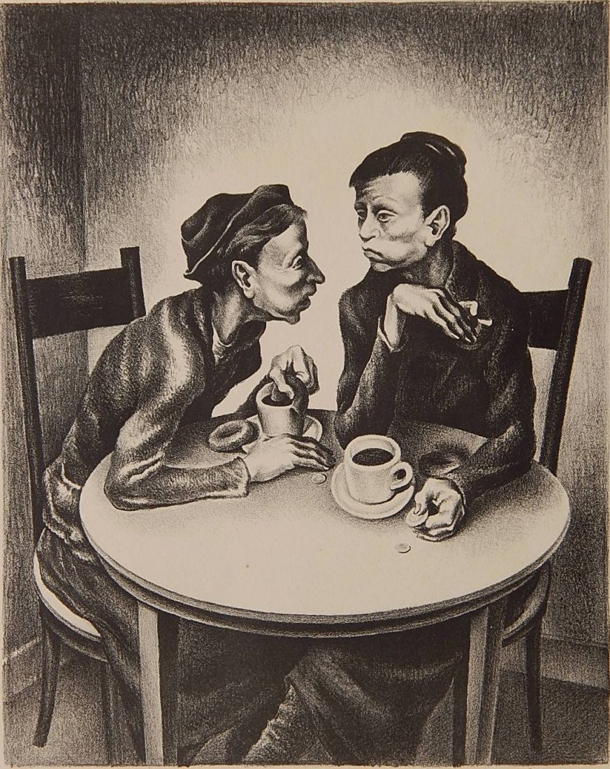 John S. De Martelly lithograph: John S. De Martelly (American 1903-1979)- ''Economic Discussion'' (Zink 13)- lithograph, 1936, signed in pencil, edition of 200, slightly light struck. 10 3/4 x 8 1/2''