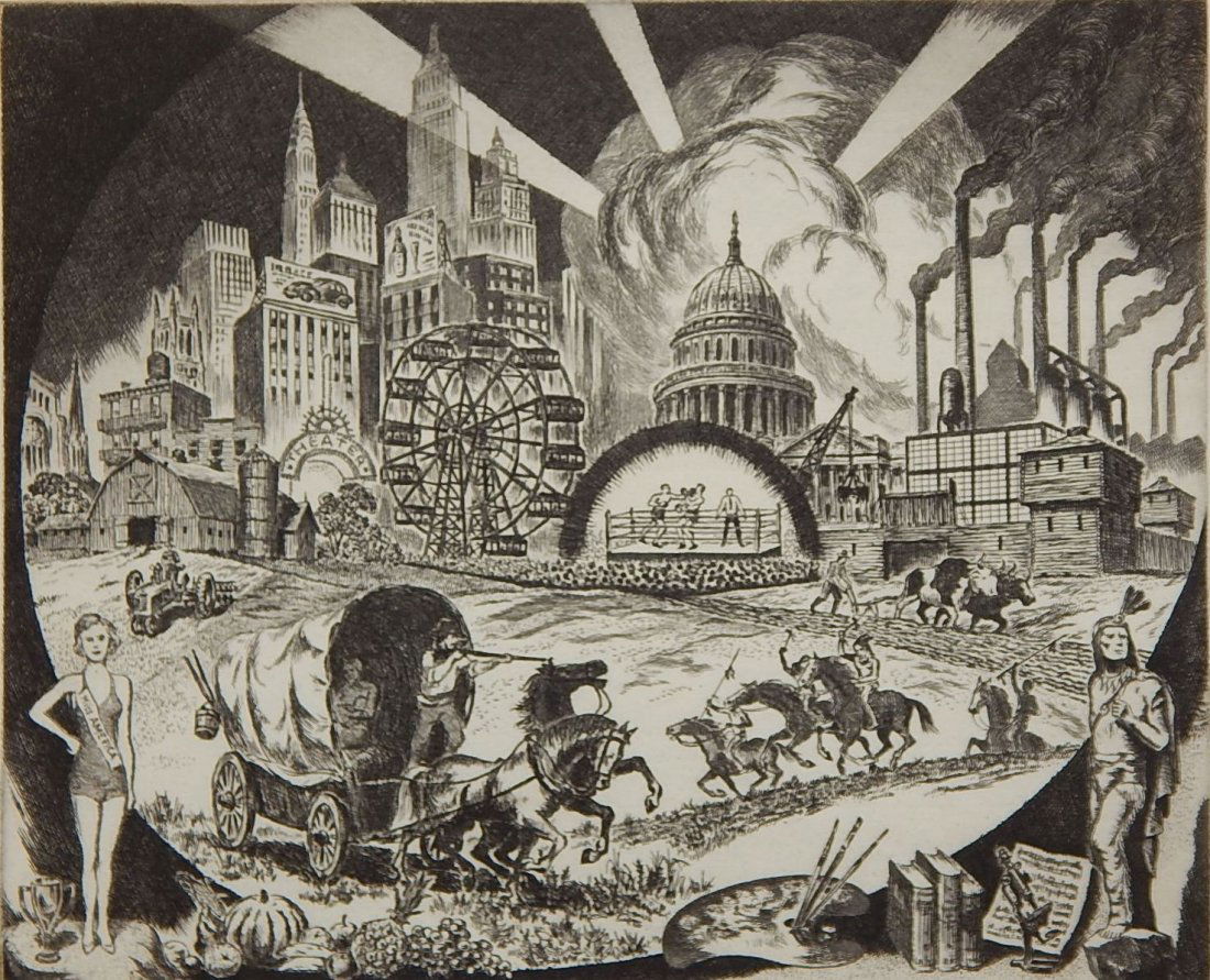 Ralph Fabri etching: Ralph Fabri (American 1894-1975)- ''Americana''- etching, signed and titled in pencil. 8 x 9 5/8''