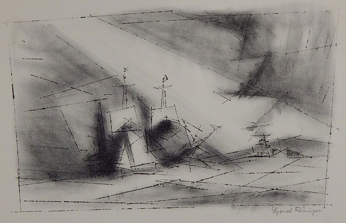Lyonel Feininger lithograph: Lyonel Feininger (American 1871-1956)- ''Off The Coast'' (Prasse L 14)- lithograph, 1951, signed in pencil, edition of 250 plus 10, The Print Club of Cleveland publication no. 29, very good condition.