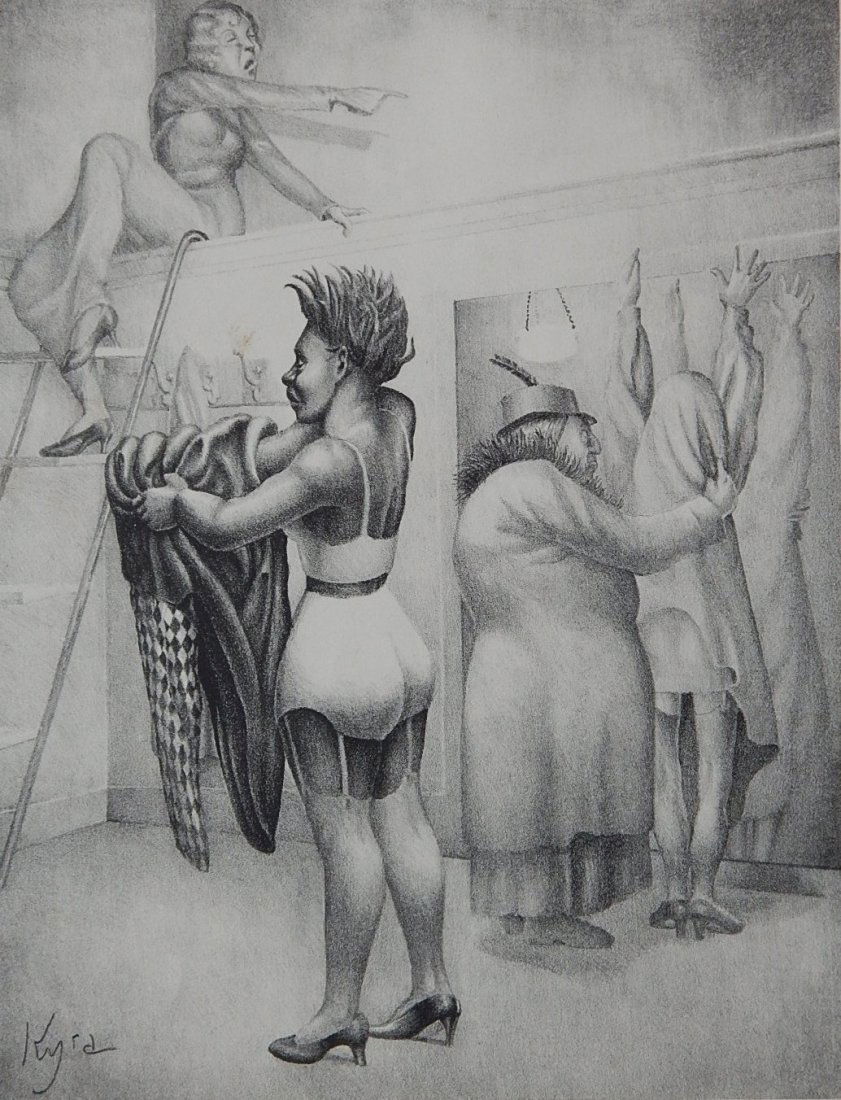 Kyra Markham lithograph: Kyra Markham (American 1891-1967)- ''The Fit Yourself Shop''- lithograph, 1995, signed, dated, titled and numbered 11/50 in pencil, minor staining throughout. 12 1/2 x 9 5/8''
