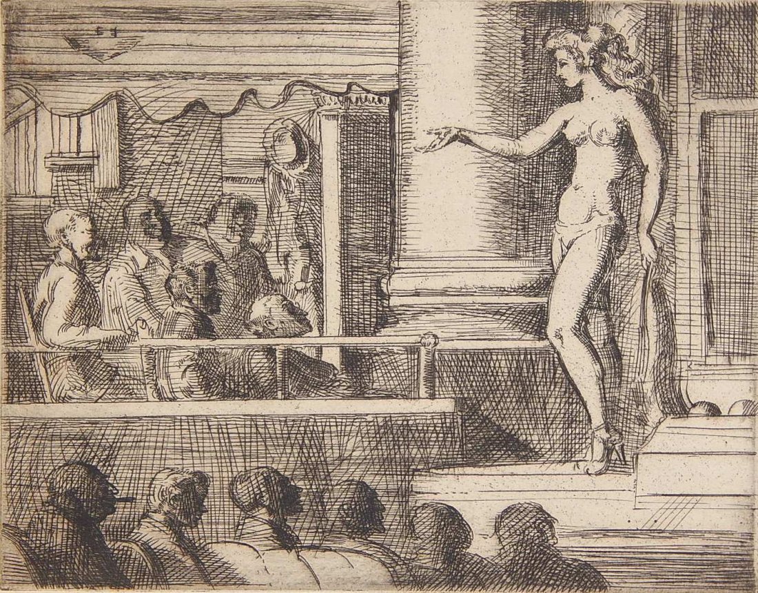 Reginald Marsh etching: Reginald Marsh (American 1898-1954)- ''Striptease in New Jersey'' (Sasowsky 236)- etching, 1951, signed in pencil, AAA edition of 250, slightly light struck, signature in pen on verso. 8 x 10''