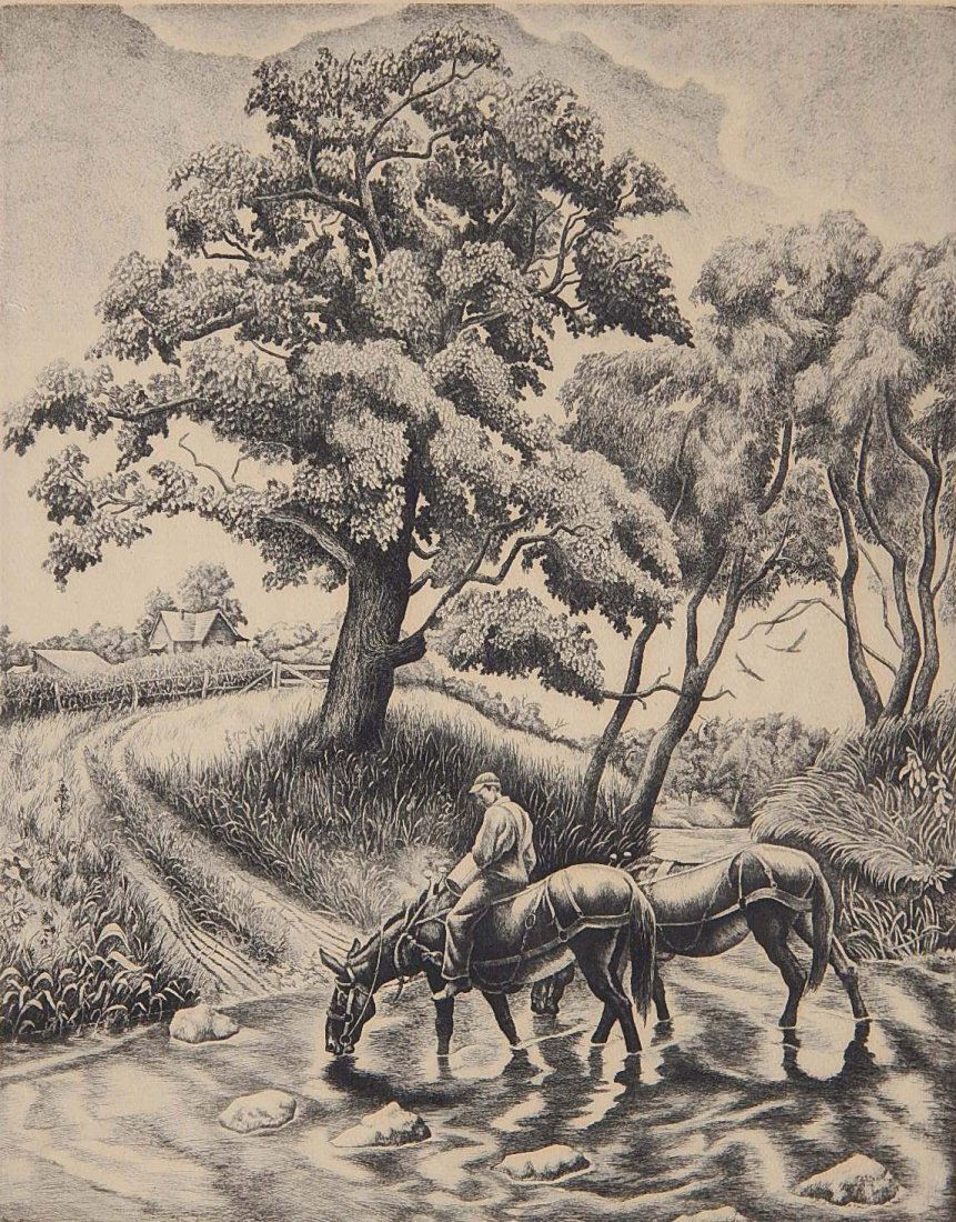 Jackson Lee Nesbitt etching: Jackson Lee Nesbitt (American 1933-2008)- ''Watering Place'' (Retif and Salzer 18)- etching, 1939, signed and titled in pencil, edition of 250. 12 x 9 1/2''