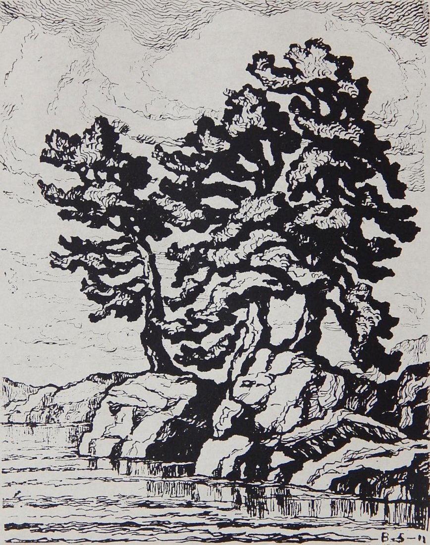 Birger Sandzen: Birger Sandzen (American 1871-1954)- ''Three Pines''- linocut, signed and titled in pencil 6 1/2 x 5''