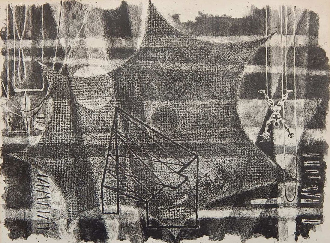 Georges Schreiber lithograph: Georges Schreiber (American 1904-1977)- ''Without A Net'' (AAA/Czestochowski 1944.060)- lithograph, 1944, signed in pencil, edition of 250, slightly light struck. 10 1/2 x 14''