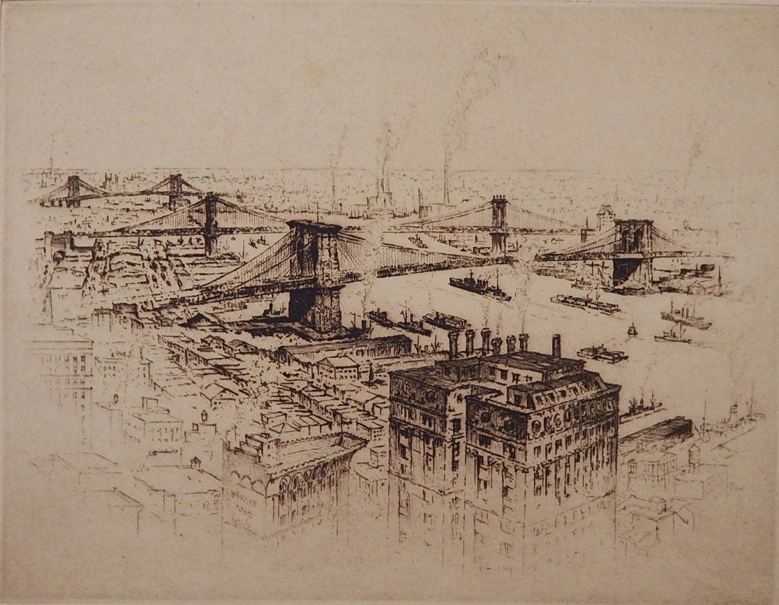 Anton Schutz etching: Anton Schutz (American 1894-1977)- ''Three Bridges''- etching, signed in pencil, very good condition. 9 7/8 x 12 13/16''