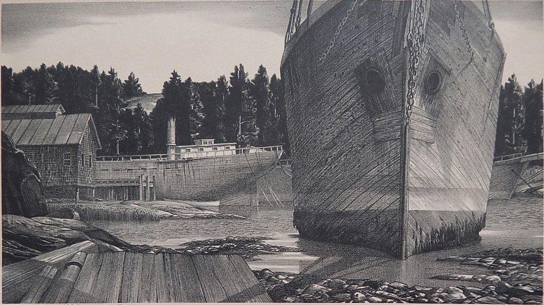 Stow Wengenroth lithograph: Stow Wengenroth (American 1906-1978)- ''Old Ships'' (Stuckey 71)- lithograph, 1937, signed, dated and annotated 'Ed/65' and 'To Mary and Ed Hine with best wishes' in pencil, light struck and mat burn.