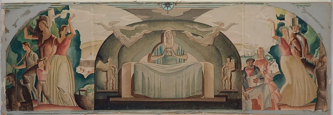 Ivor G. Johns watercolor: Ivor G. Johns (American 20th c.)- Study for Mural- watercolor on illustration board, ca. 1936, signed Ivor Johns lower right. 14 x 39''