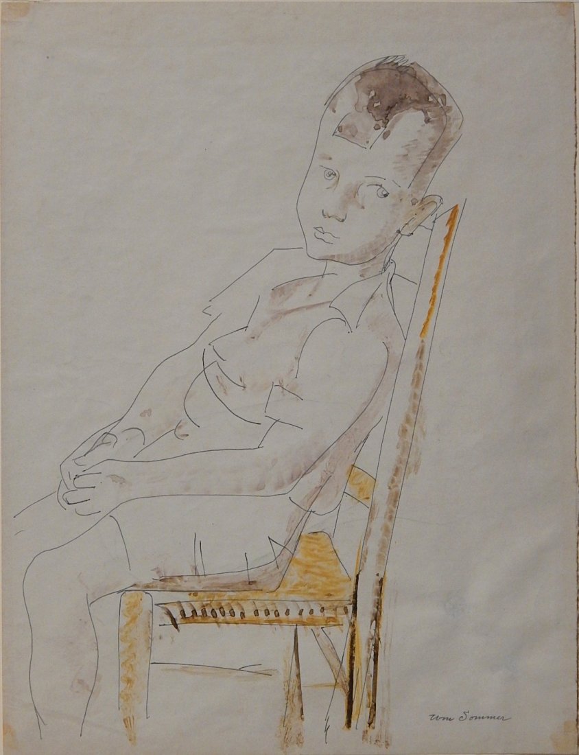 William Sommer watercolor and pen and ink: William Sommer (American 1867-1949)- Boy in Chair- watercolor and pen and ink on paper, signed Wm. Sommer lower right. 11 1/2 x 9''