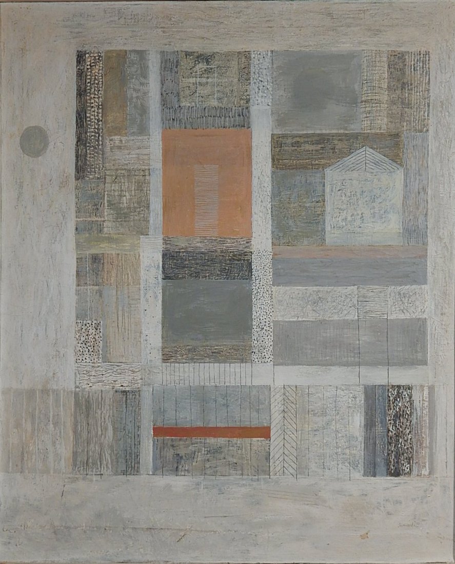Richard Gosminski oil: Richard Gosminski (American 1926- )- ''Three Houses''- oil on canvas, 1955, signed Gosminski lower right, some paint loss. 36 x 30''