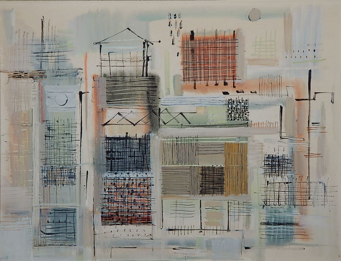 Richard Gosminski gouache: Richard Gosminski (American 1926- )- Street Scene- gouache and pen and ink on paper, 1956, signed Gosminski '56 lower right. 18 x 24''