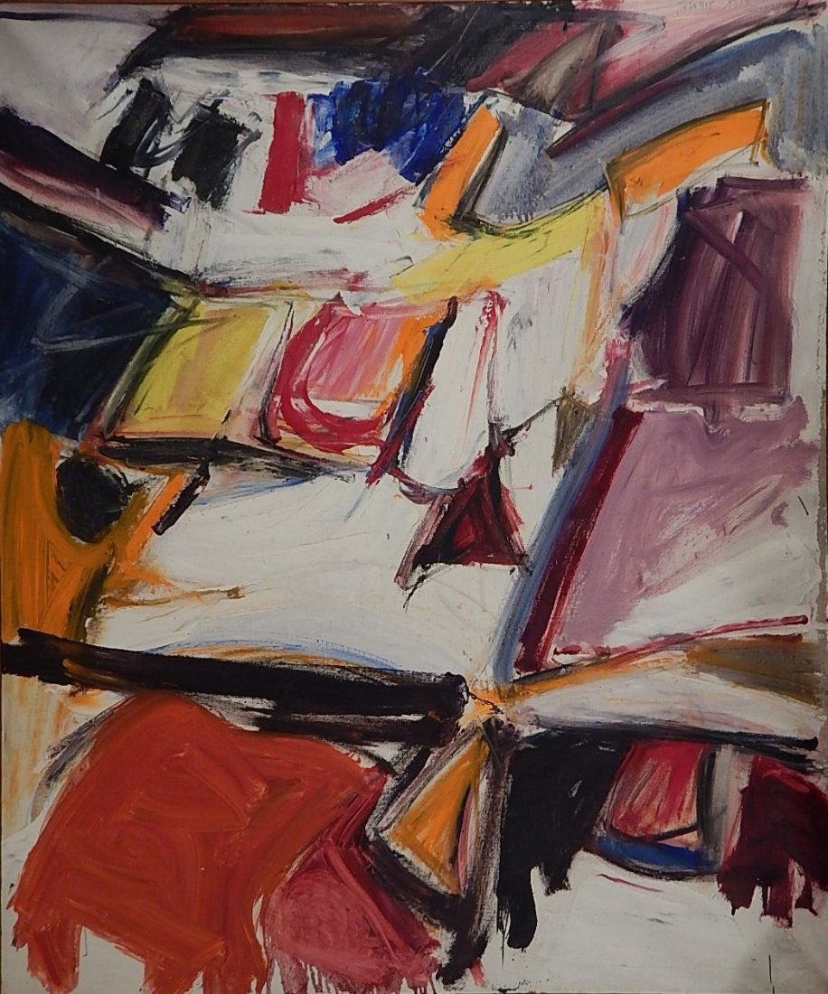 James Johnson oil: James Johnson (American 1925-1963)- Untitled (M49)- oil on canvas, 1957, signed James Johnson upper right, surface grime and warped, with 2 punctures left and bottom edges (nails from stretcher). 62 x