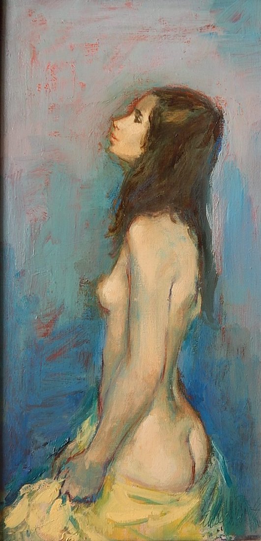 Jan De Ruth oil: Jan De Ruth (American 1922-1991)- Nude with Yellow Towel- oil on canvas, signed Jan De Ruth lower right, very good condition. 18 x 9''