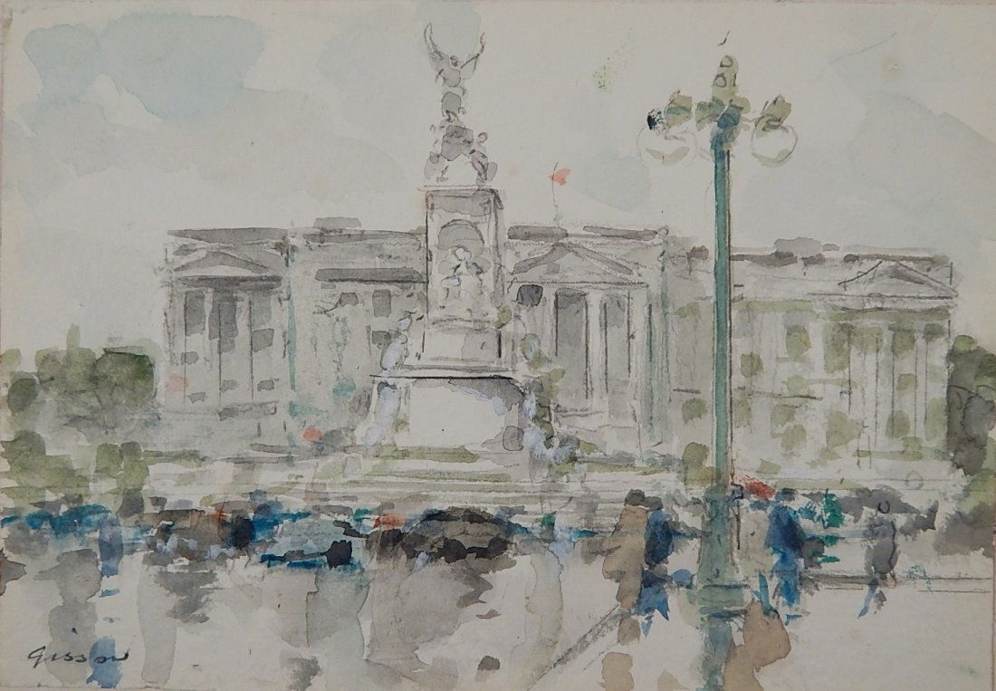 Andre Gisson watercolor: Andre Gisson (American 1921-2003)- Street Scene- watercolor on paper, signed 'Gisson' lower left. 6 1/4 x 9 1/4''