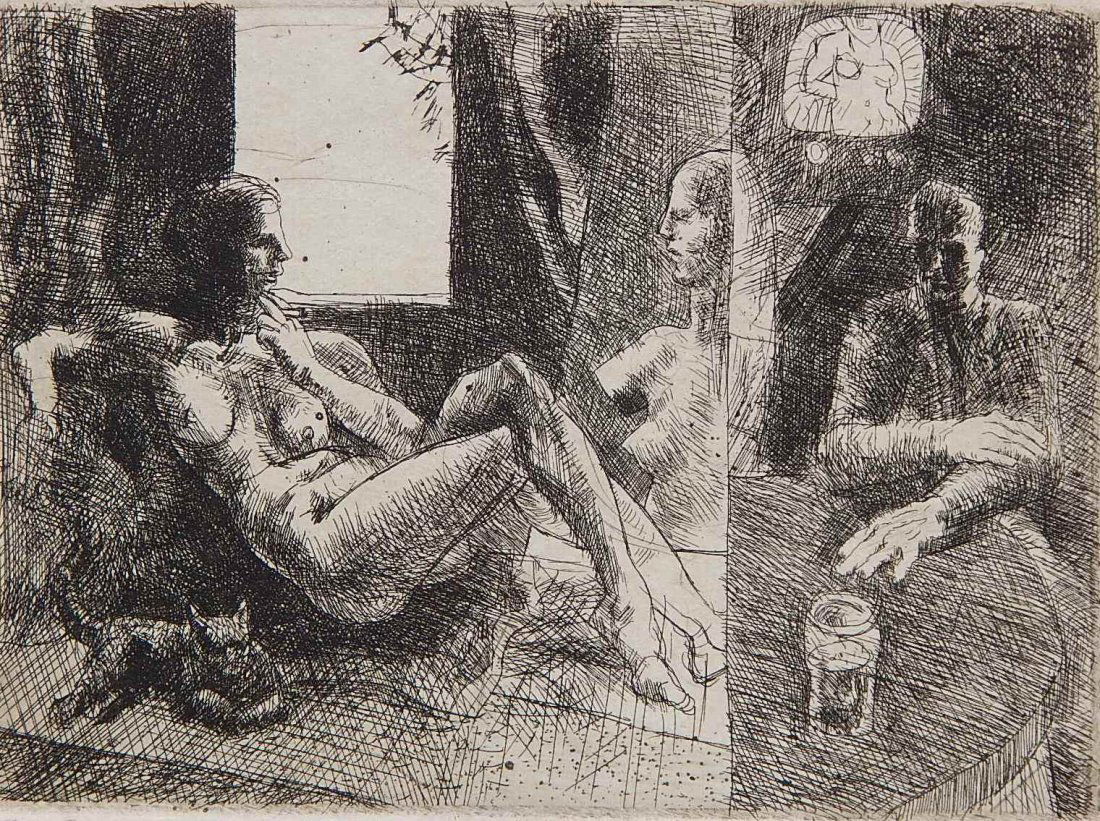 David Bumbeck etching: David Bumbeck (American 1940- )- ''Allegory''- etching, 1965, signed, dated, titled and numbered 7/25 in pencil, very good condition. 5 x 6 5/8''