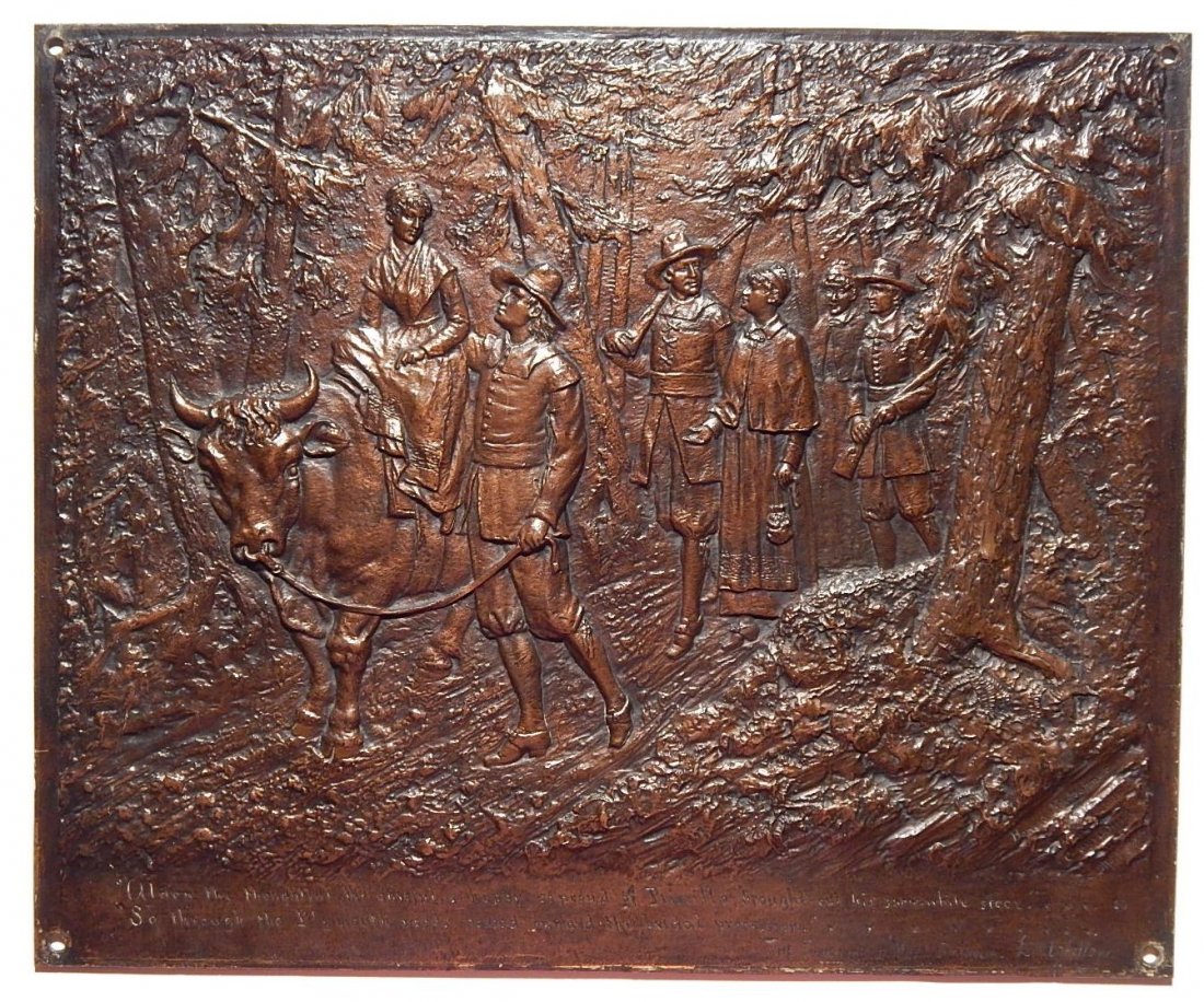 Howard Kretschmar bronze relief plaque: Howard Kretschmar (American 19/20th c.)- ''The Courtship of Miles Standish''- bronze relief plaque, 1886, signed and dated. 17 1/2 x 21''