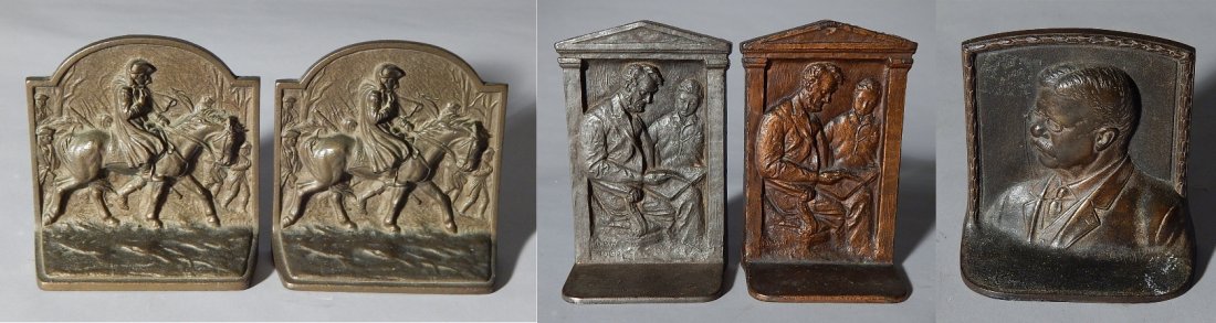 Bookends- Washington, Lincoln, Roosevelt: Pair of cast iron bookends of George Washington on Horseback, after G. Allen; Pair of cast iron bookends of Lincoln and Son, after D. P. Muller; and M. Greenblatt Studio white metal bookend of Teddy R