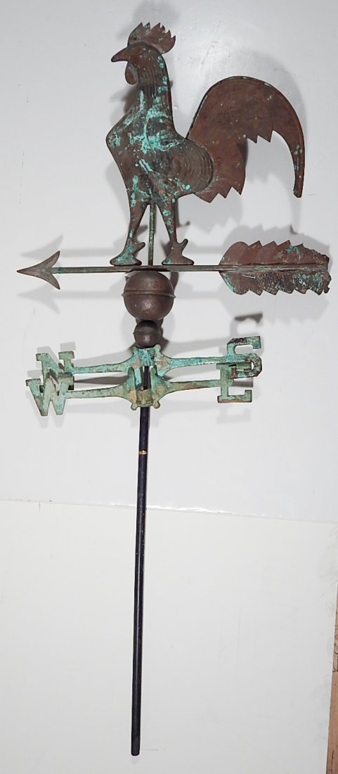 Vintage copper rooster weathervane: Vintage copper rooster weathervane, wear from use.