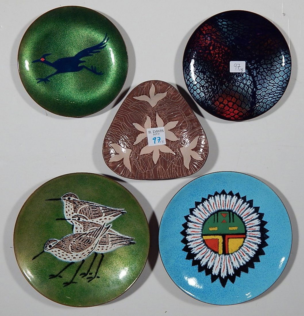 3 Annemarie Davidson copper enamel plates: 3 Annemarie Davidson copper enamel plates- all signed, 2 with original stickers; along with 2 small dishes, illegible signature, good condition, various sizes.