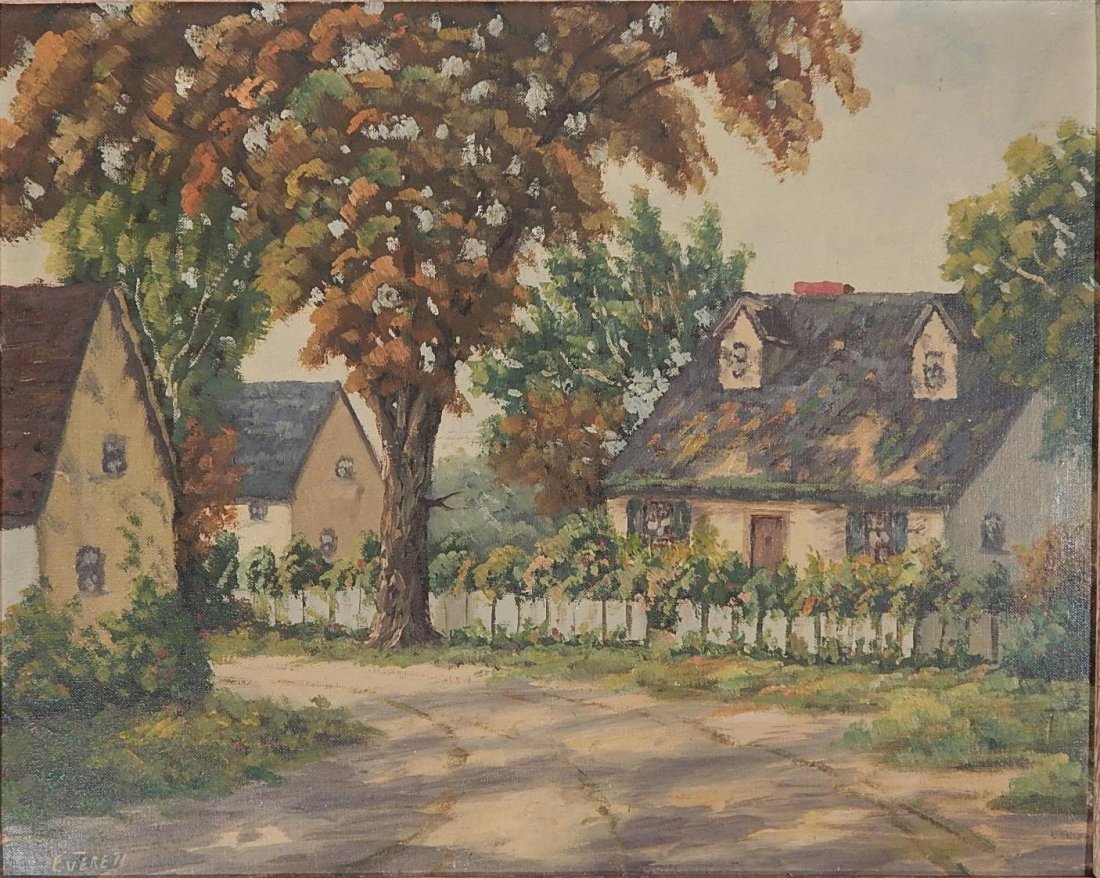 John Everett oil: John Everett (American 1876-1949)- Fall Street Scene- oil on canvasboard, signed Everett lower left. 16 x 20''