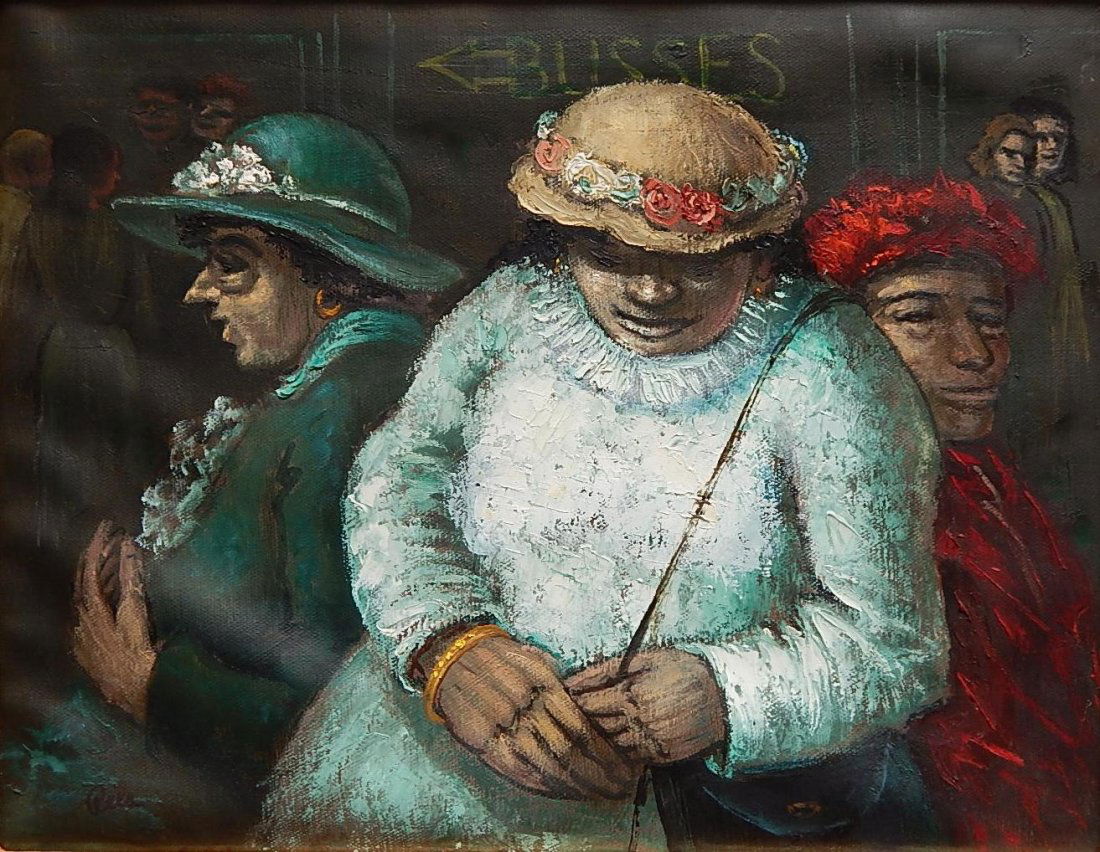 Albert Pels oil: Albert Pels (American 1910-1998)- Women on Train- oil on panel, signed Pels lower left. 14 x 18''