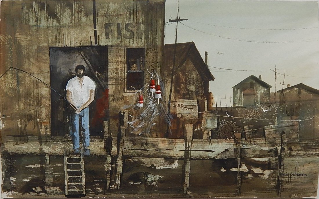 Craig Peterson watercolor and gouache: Craig Peterson (American 20th/21st c.)- Figure Fishing- watercolor and gouache on board, signed 'Craig Peterson' lower right, good condition. 15 x 24''