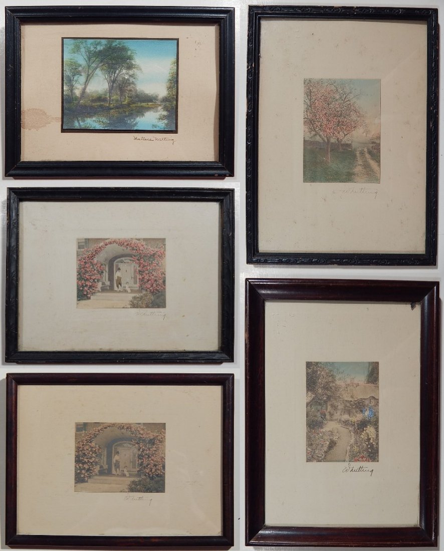 5 Wallace Nutting hand-tinted photographs: 5 Wallace Nutting hand-tinted photographs of exterior scenes- Rosa Posing (2), 3 1/8 x 3 7/8'' and 3 1/8 x 3 13/16''; ''A Garden of Landspur'', 3 7/8 x 3 1/8''; Blossom Trees by Road, 3 7/8 x 3 1/8'';