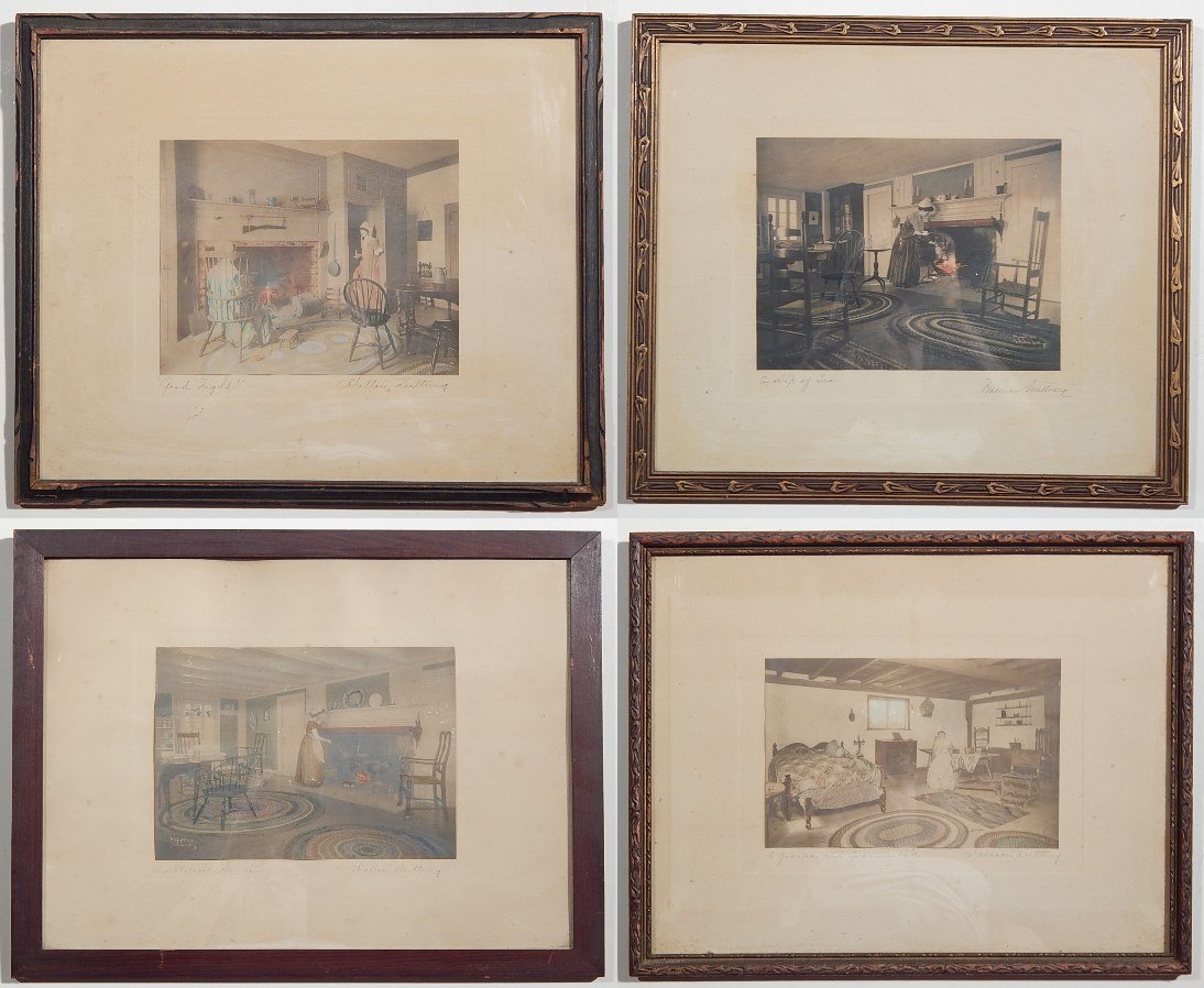 4 Wallace Nutting hand-tinted photographs: 4 Wallace Nutting hand-tinted photographs- ''A Sip of Tea'', 7 1/8 x 9 3/8''; ''Good Night'', 7 1/4 x 9 3/16''; ''An Elaborate Dinner'', 7 3/8 x 9 7/16''; ''A Grandpa and Grandma Bed'', 6 x 9 3/8''- a