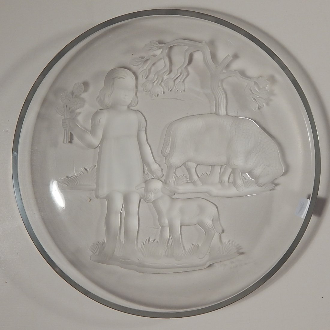 Verlys Art Glass bowl: Verlys Art Glass bowl- ''Girl Lamb Ewe''- designed by Carl Schmitz, 1940, engraved signature of designer, Verlys and dated on front, good condition. 13 1/4'' dia.; 2''h