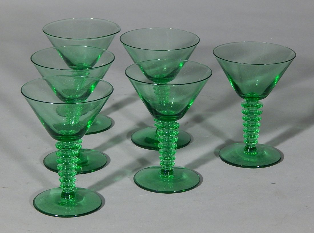 Set of 6 Morgantown green cocktail glasses: Set of 6 Morgantown green cocktail glasses, with ''Straw'' shaped stem, good condition. 4 3/8''h