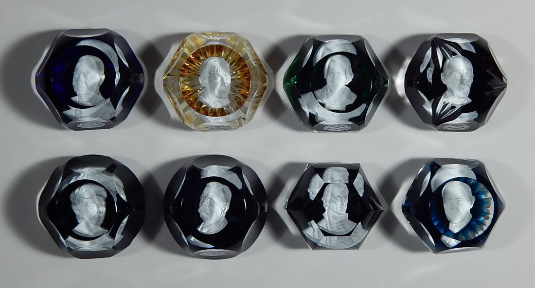 Set of 8 20th c. Baccarat paperweights: Set of 8 20th c. Baccarat 'cameo' sulphide paperweights, all with original boxes- paperweights include Theodore Roosevelt, Eleanor Roosevelt, Herbert Hoover, Andrew Jackson, James Monroe, Woodrow Wils