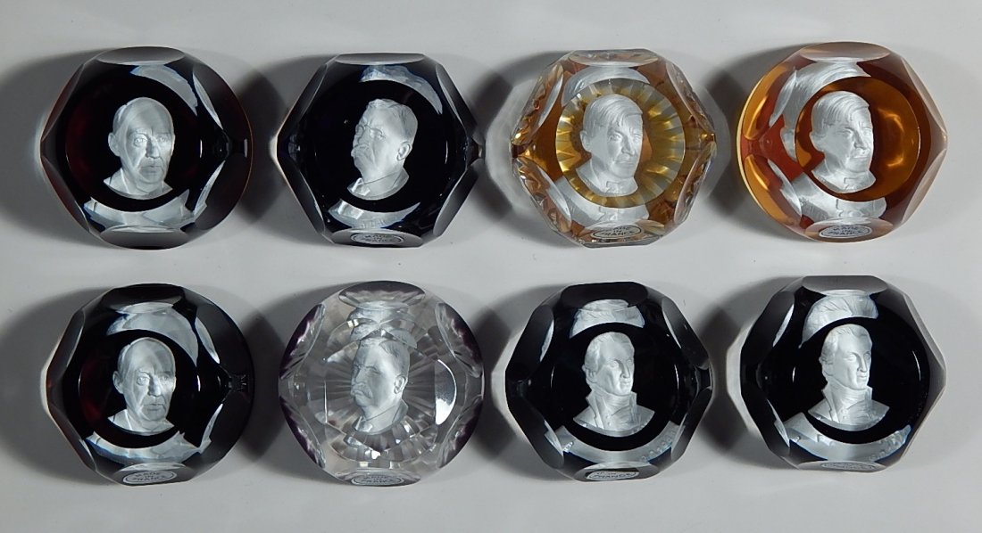 Set of 8 20th c. Baccarat paperweights: Set of 8 20th c. Baccarat 'cameo' sulphide paperweights, all with original boxes- paperweights include Theodore Roosevelt (2), James Monroe (2), Will Rogers (2) and Adlai Stevenson (2).