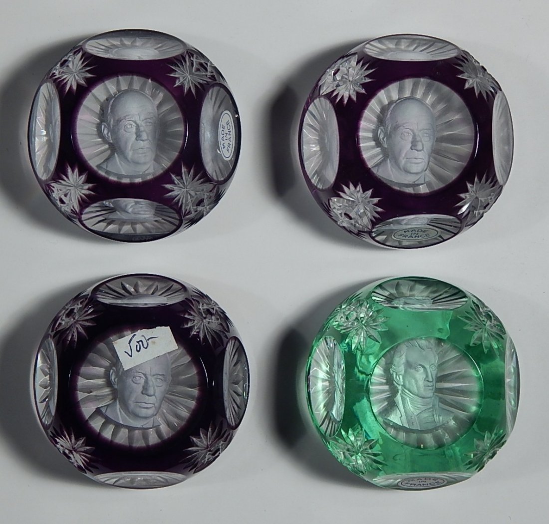 Set of 4 20th c. Baccarat paperweights: Set of 4 20th c. Baccarat 'cameo' sulphide paperweights, with overlay, and all with original boxes- paperweights include Adlai Stevenson (3) and James Monroe.