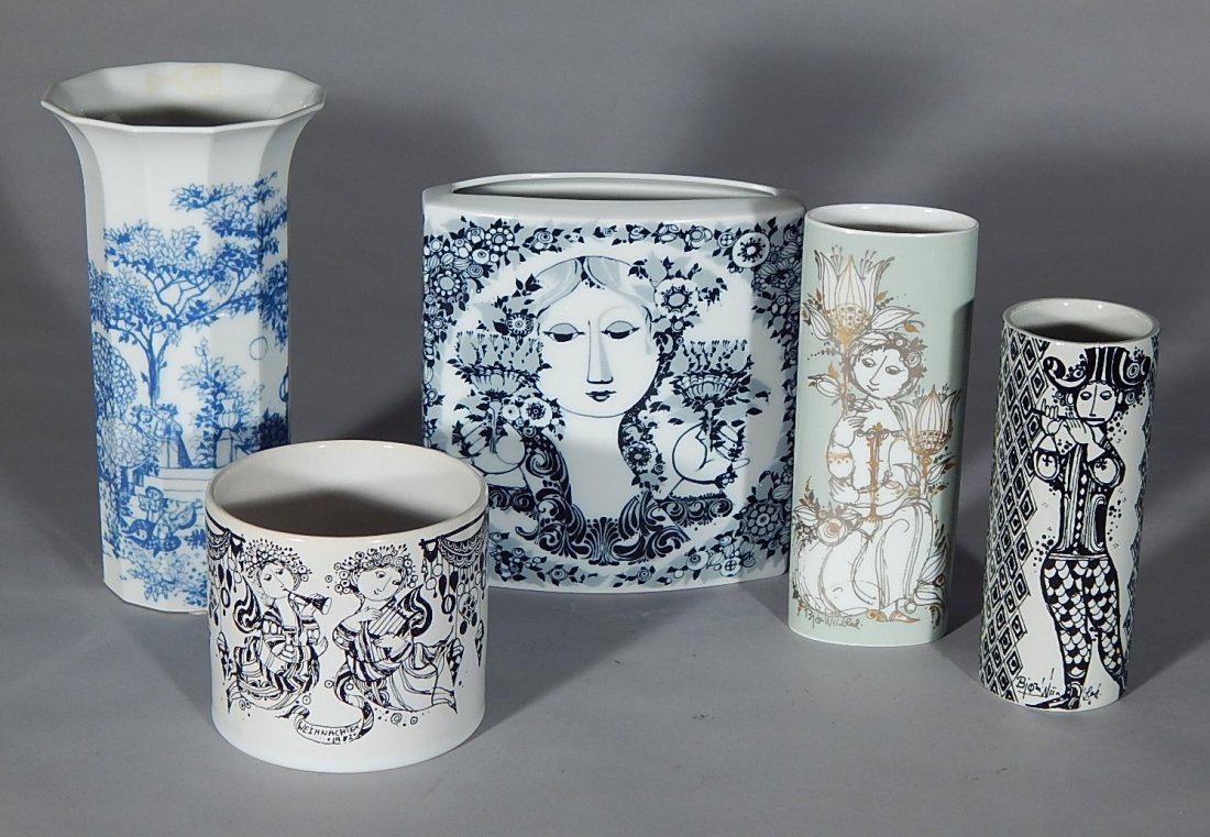 5 Bjorn Wiinblad porcelain vases: 5 Bjorn Wiinblad porcelain vases for Rosenthal, in various decoration and forms, includes ''Duet'' and ''Serenade'', all marked, good condition, various sizes.