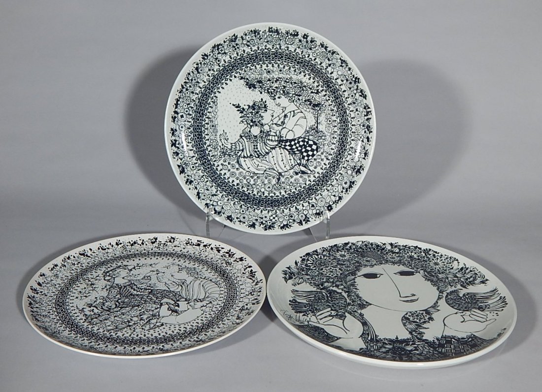 3 Bjorn Wiinblad porcelain plates: 3 Bjorn Wiinblad porcelain wall/serving plates for Rosenthal and Nymolle- ''Autumn'', ''Spring'' and ''Mette'' patterns, marked on bottom, good condition. 13 3/4'' dia.; 14'' dia.(2)
