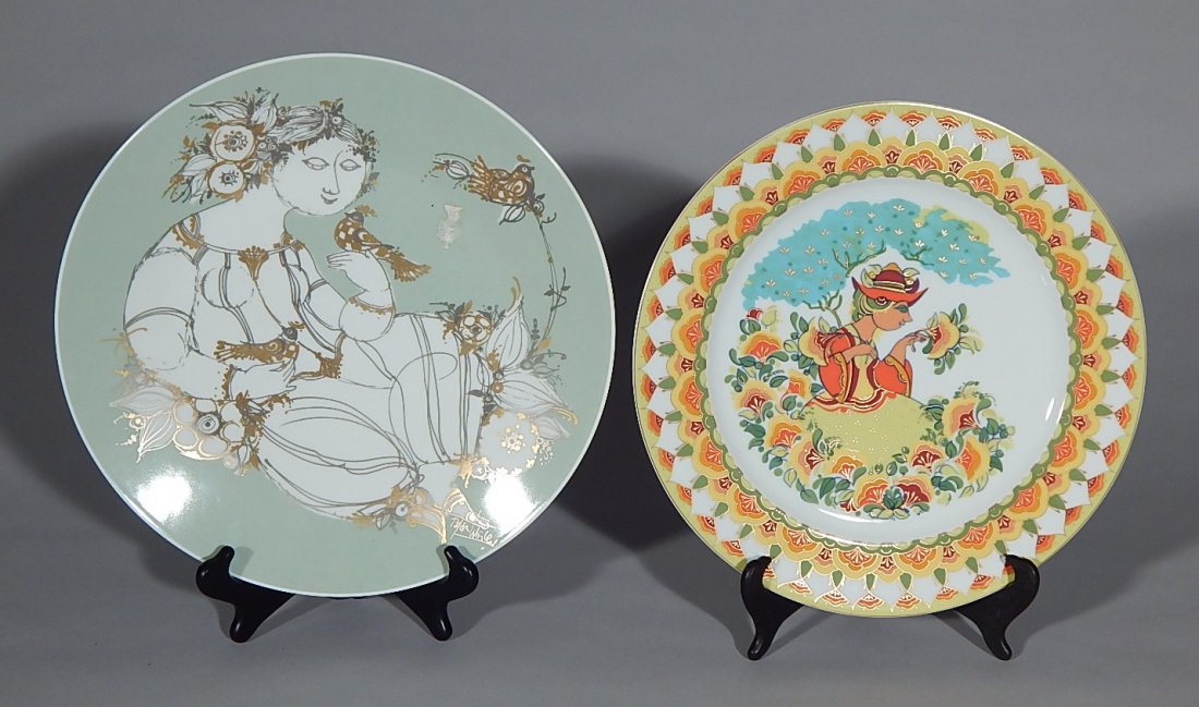 2 Bjorn Wiinblad porcelain plates: 2 Bjorn Wiinblad porcelain plates for Rosenthal Studio Line- 40 Year Jubilee Edition Plate, with original box; and Figure with Bird, on light green ground- marked on bottom, good condition. 12'' dia.;
